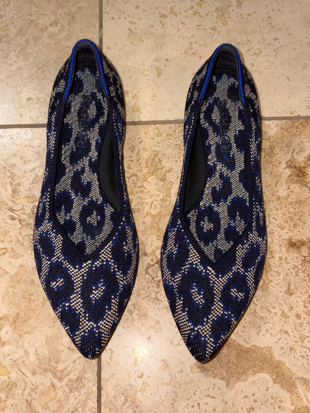 Rothy's Navy Blue Cream Indigo Cat The Point II Flats Animal Leopard Print